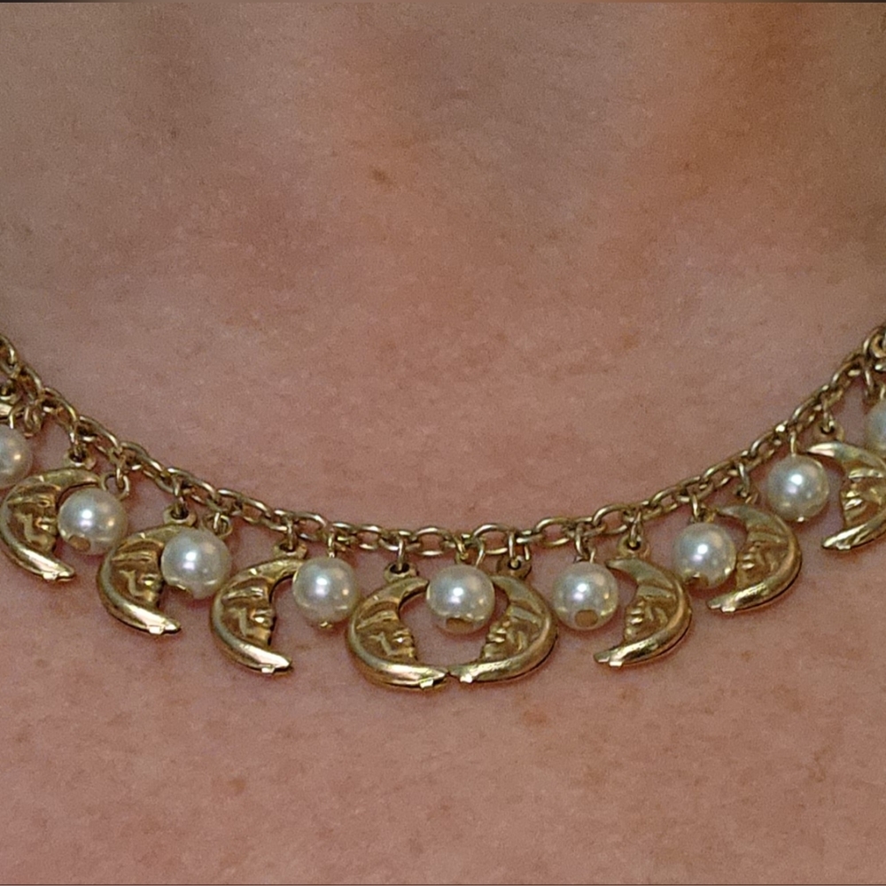 Crescent Moon and Faux Pearl Necklace